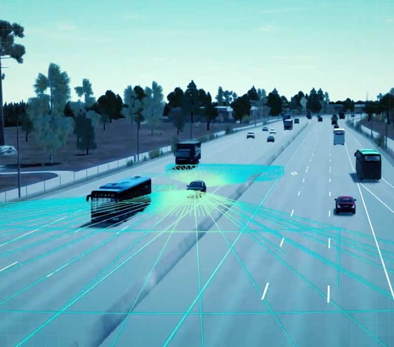 Stylized image depicting busy highway traffic with a vehicle autonomy and positioning technologies.