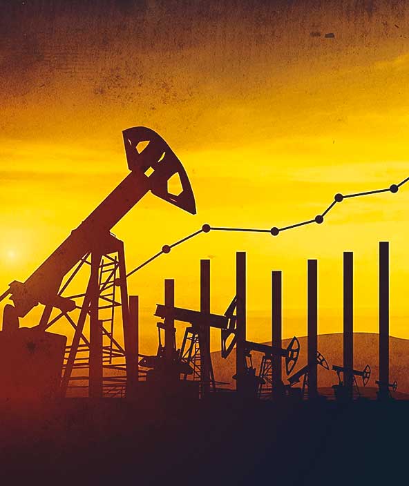 3d illustration of oil pump jacks on sunset sky background. Concept of growing oil prices