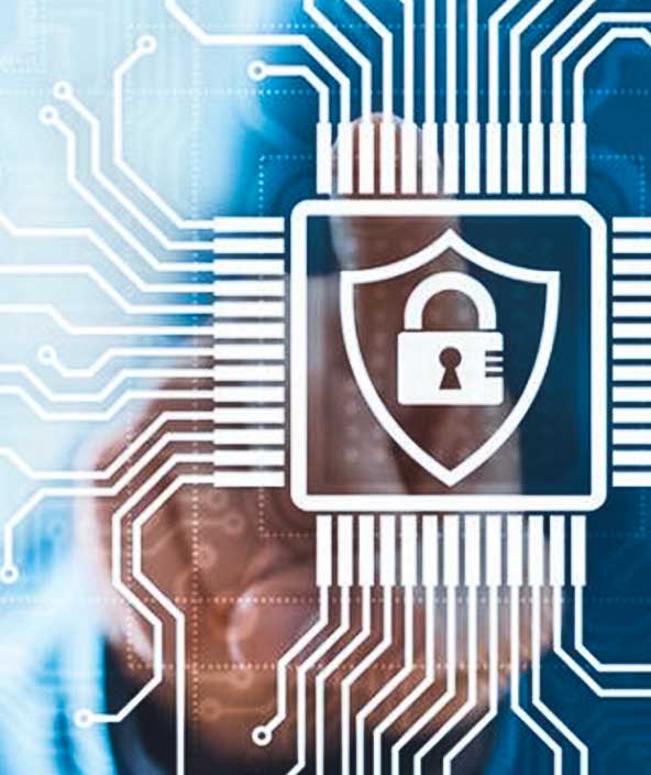 Una imagen de una persona en primer plano superpuesta con iconos de seguridad