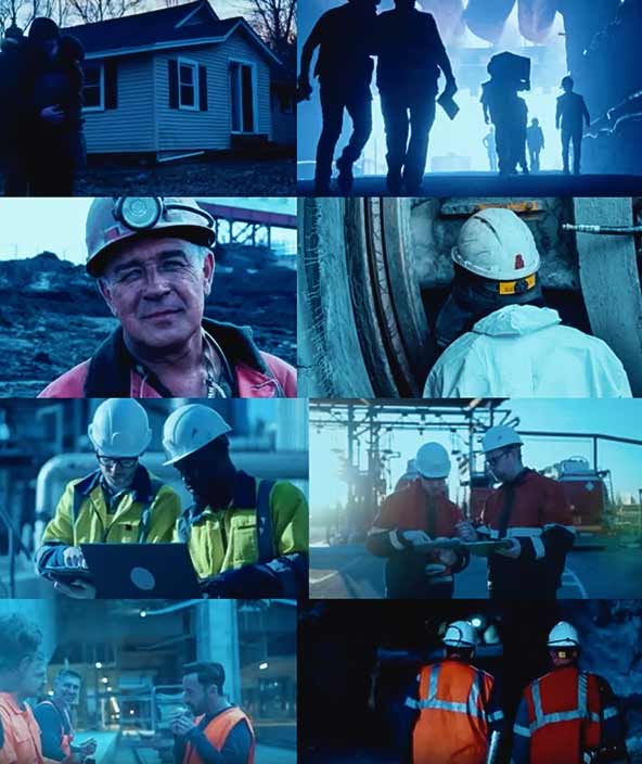 Mehrere Aufnahmen von Arbeitern in verschiedenen Bergbauszenarien. (Standardmäßiger Alternativtext: „Mehrere Aufnahmen von Arbeitern in verschiedenen Bergbauszenarien