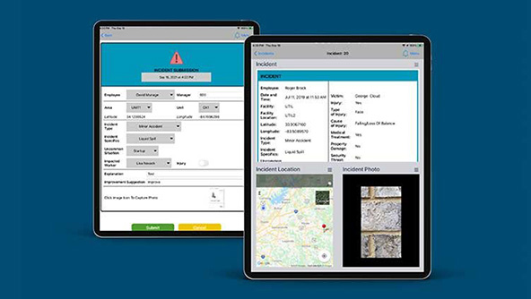 Picture showcasing two tablets each displaying user-friendly interfaces of incident reports