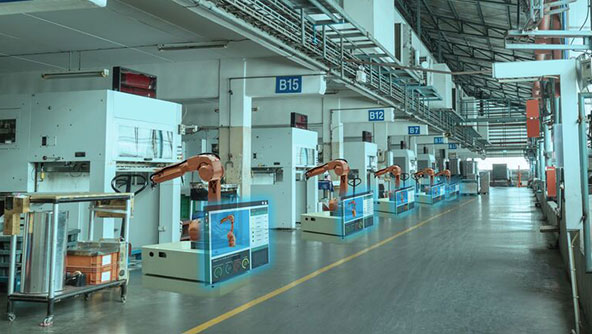 A shopfloor with robotic arms in operation