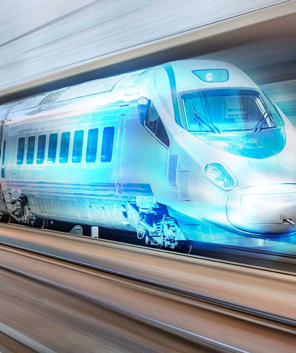A fast-moving, futuristic train speeding through a station