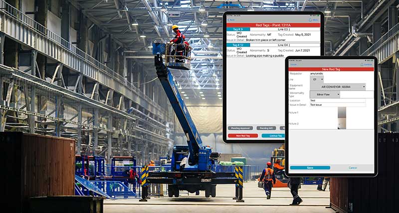 Workers in an industrial facility working with a crane and tablets highlighting two different interfaces of the Equipment utilization solution. 