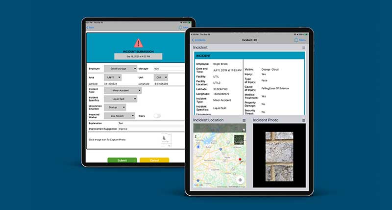 Incident reporting solution is highlighted with two different interfaces on two separate tablets. 