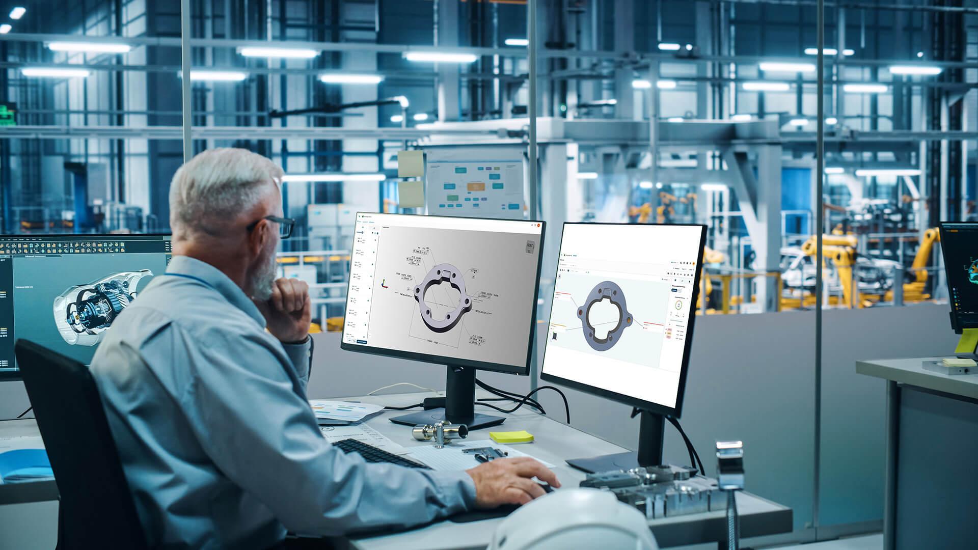 Engineer reviewing 3D CAD models and inspection data on dual monitors in a factory, demonstrating Hexagon's Autonomous Metrology Suite capabilities.