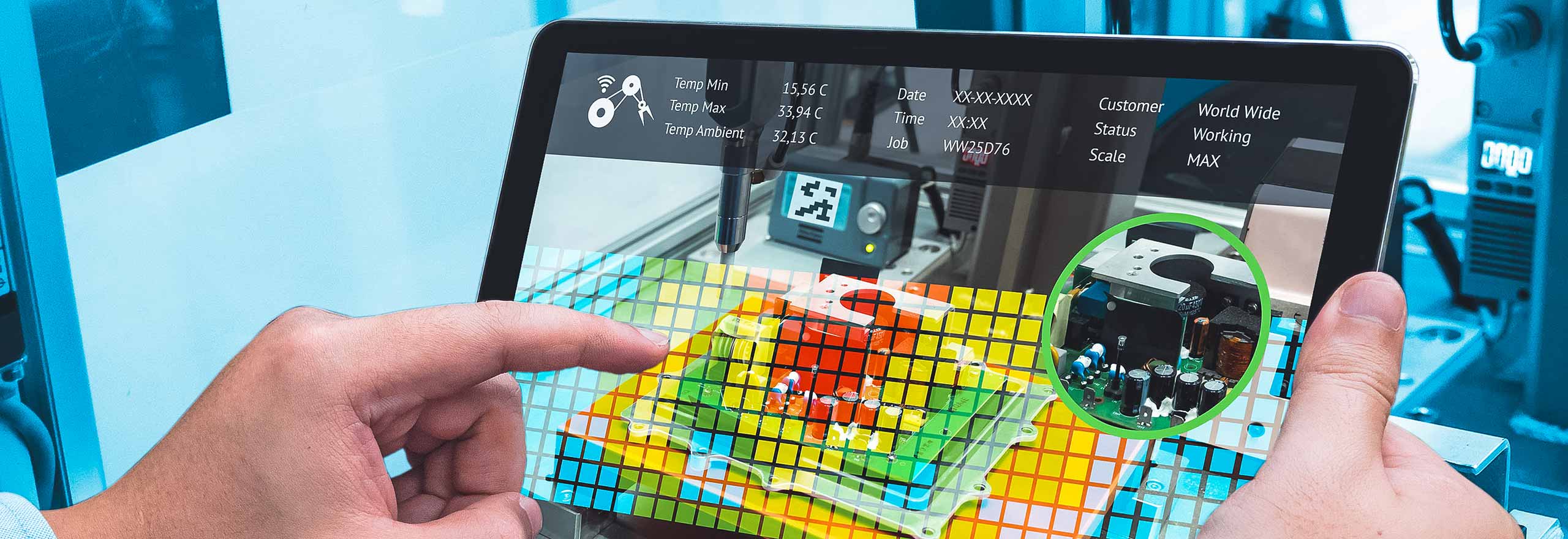 Image depicting manufacturing plant personnel with augmented realty image on a tablet
