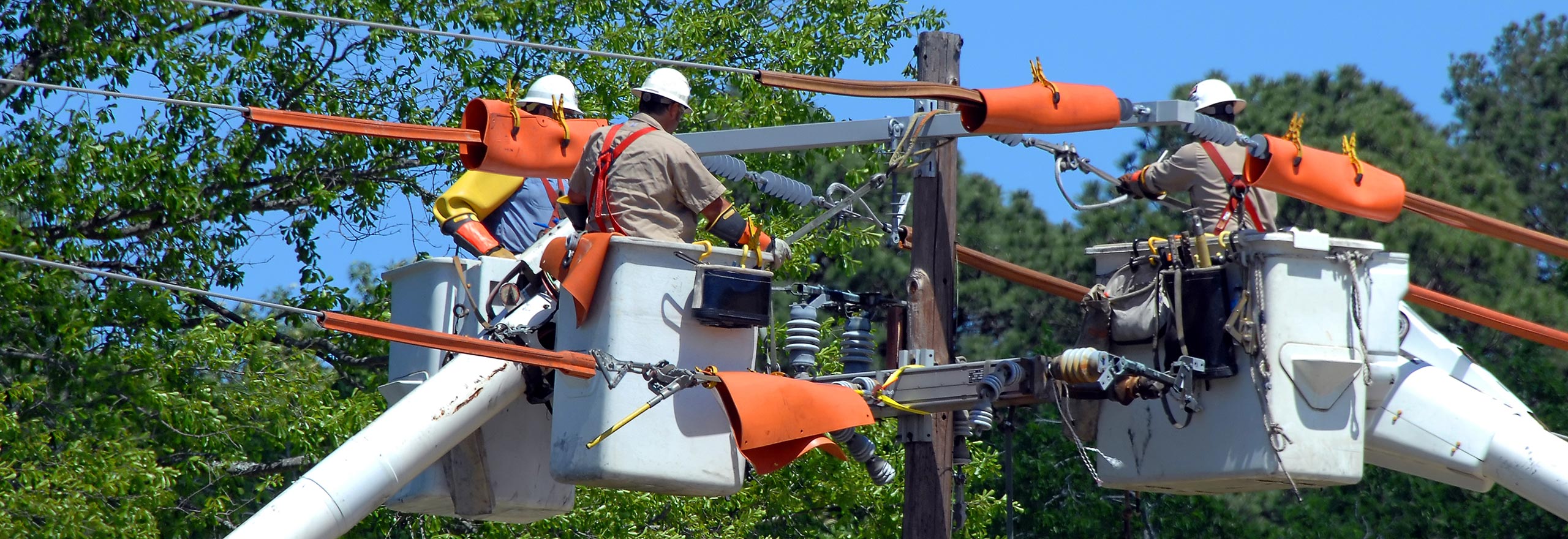 Utility workers in bucket trucks