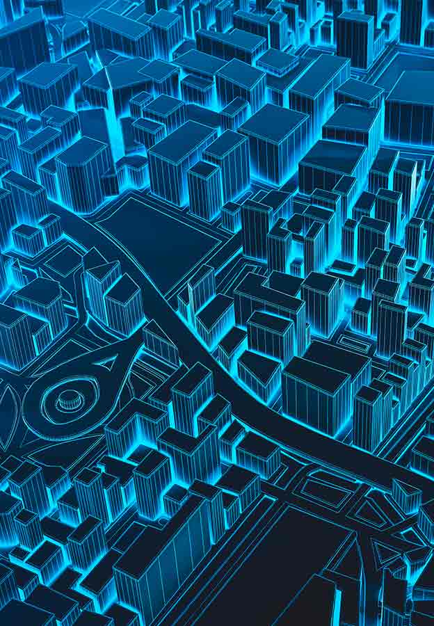 Mappa 3D astratta futuristica e lineare di una città di notte