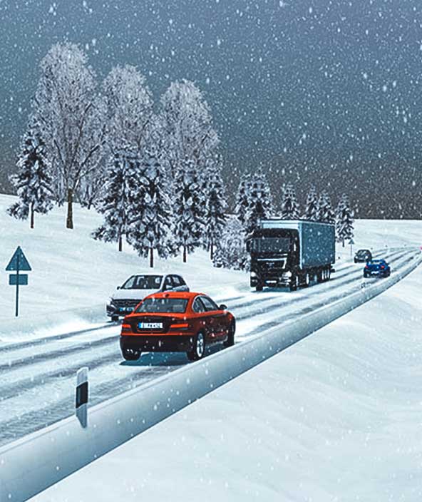 Snowy roads with multiple vehicles