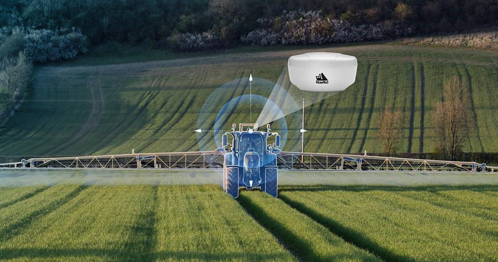 Tractor in field with sprayer and SMART2 antenna